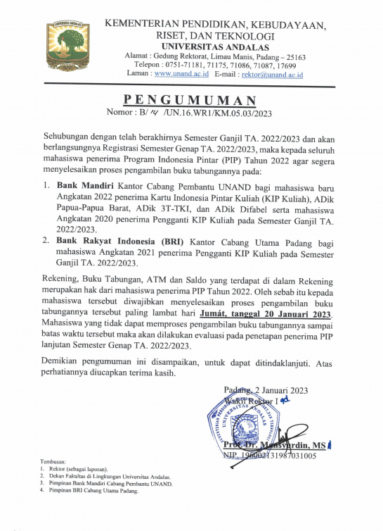 Pengumuman Pengambilan Buku Tabungan PIP